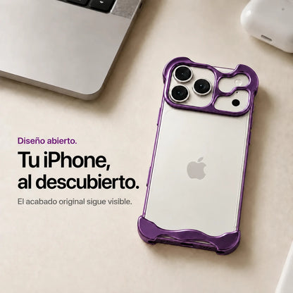 Violet sculpted metal phone case on a desk showing the open back #color_Lavender Purple