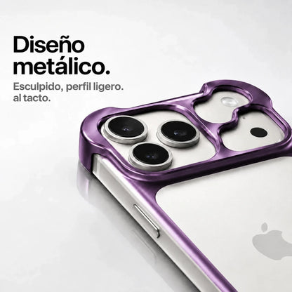 Violet sculpted metal phone case showing a close view of its sculpted camera guard #color_Lavender Purple