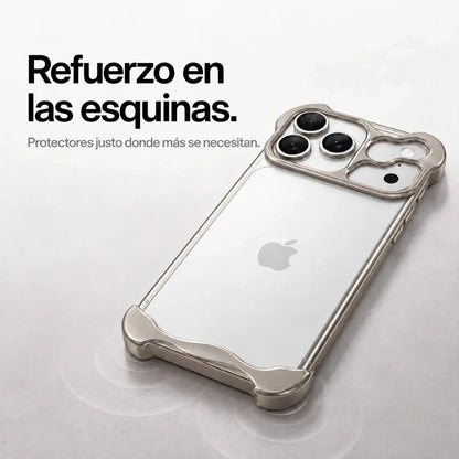 Warm gray sculpted metal phone case on a desk showing its protective corner bumpers #color_Natural Titanium