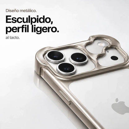Warm gray sculpted metal phone case showing a close view of its sculpted camera guard #color_Natural Titanium